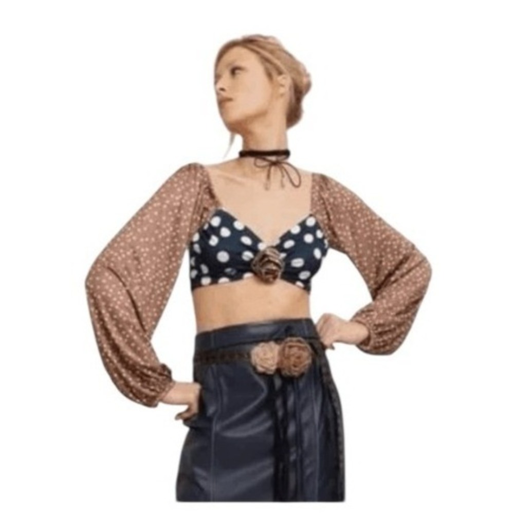 Saks Potts‎ Sophie Crop Polka Dot Blouse Black White Brown XS